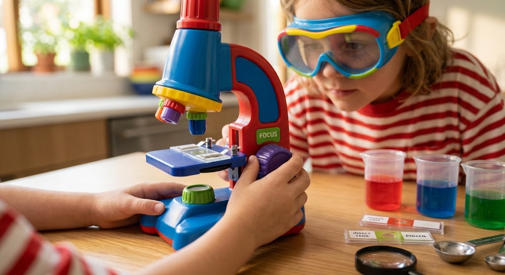 A child focusing a toy microscope from the best home science kits for kids collection.