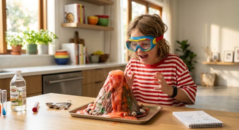 A child observing a volcano reaction using one of the best home science kits for kids.