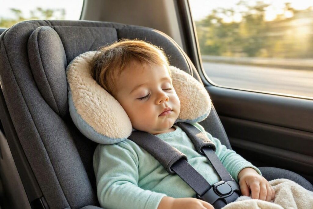 A child sleeping comfortably in a car seat equipped with the best kids backpacks for travel gear.