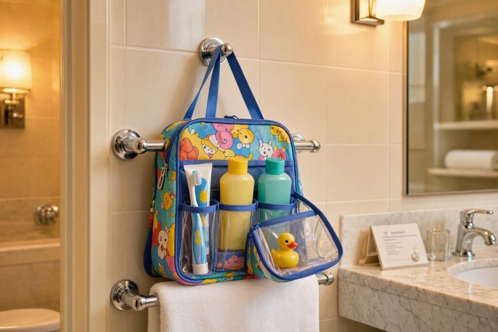 A hanging toiletry organizer stored beside the best kids backpacks for travel in a hotel room.