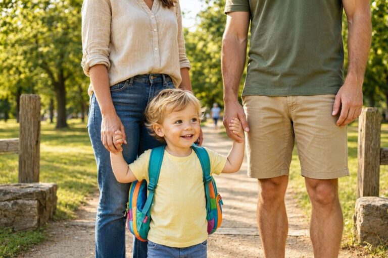 A child wearing the best kids backpacks for travel walking along a sunny park trail with parents.