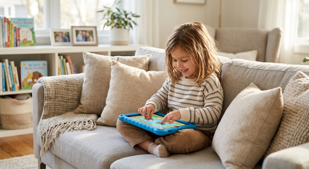 A child playing learning puzzles on one of the best kids tablets for educational games.