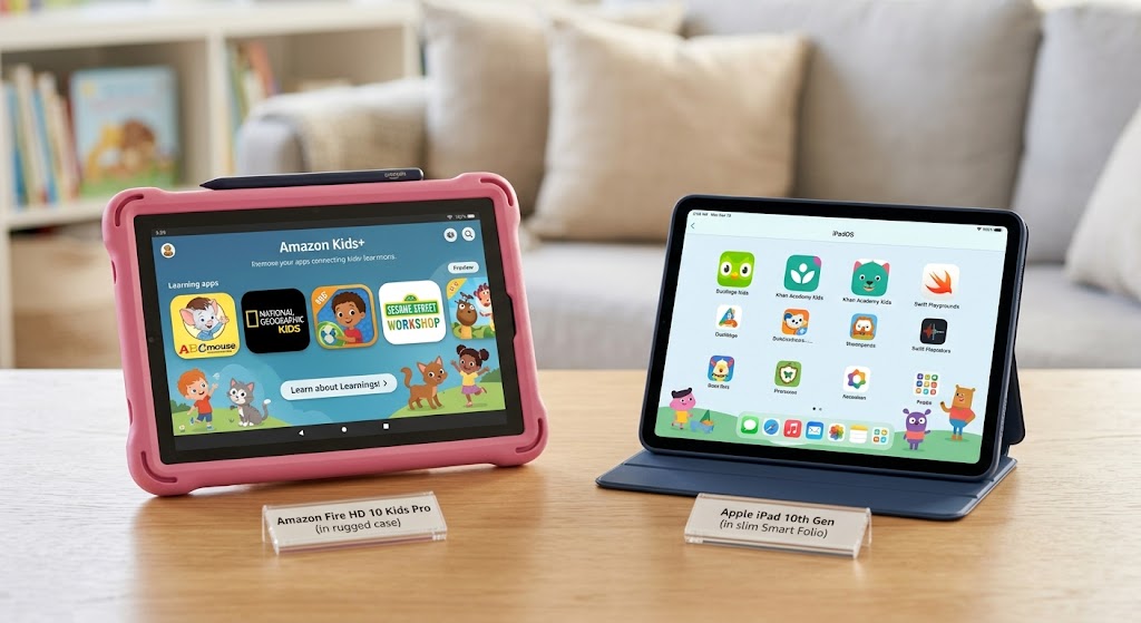 Comparing Amazon Fire and iPad options among the best kids tablets for educational games.
