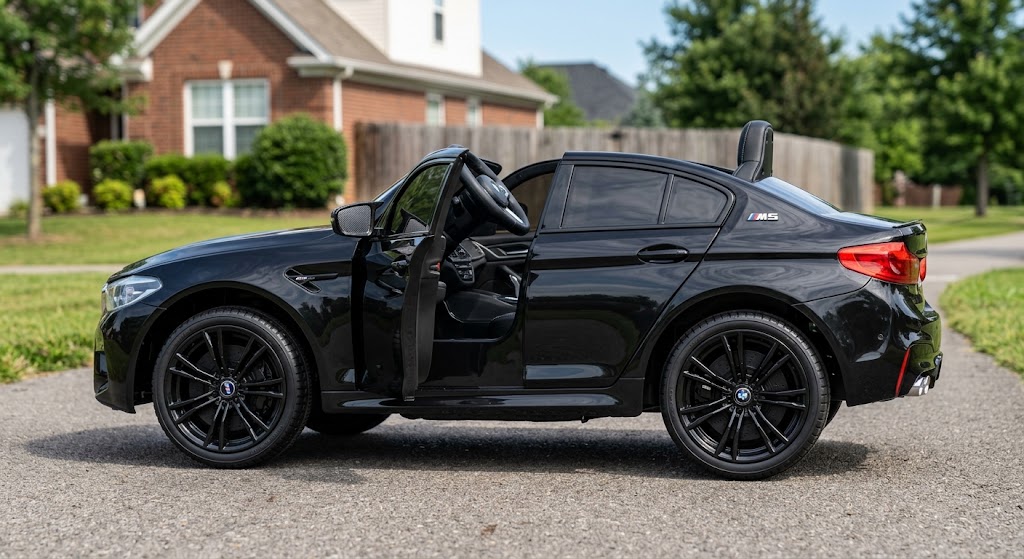 A miniature black BMW sports car featured among the best licensed electric cars for kids.