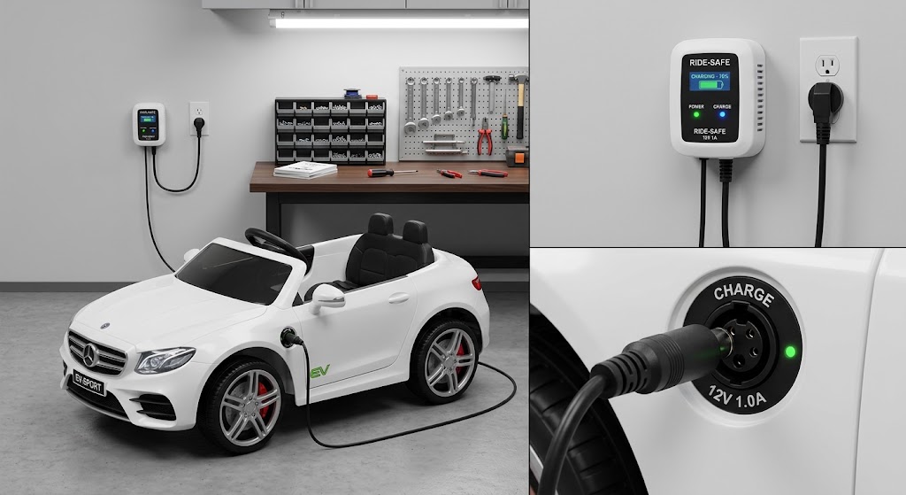 Charging the battery of one of the best licensed electric cars for kids inside a garage for routine maintenance.