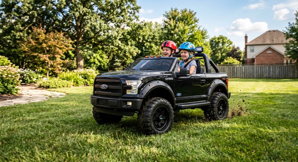 Two young kids driving a 24V Ford truck, one of the best licensed electric cars for kids on grass.