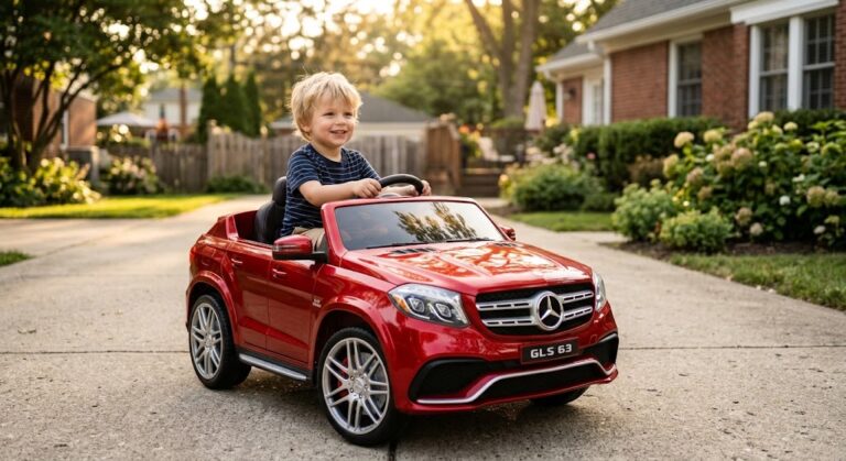 A child driving one of the best licensed electric cars for kids in a sunny driveway.