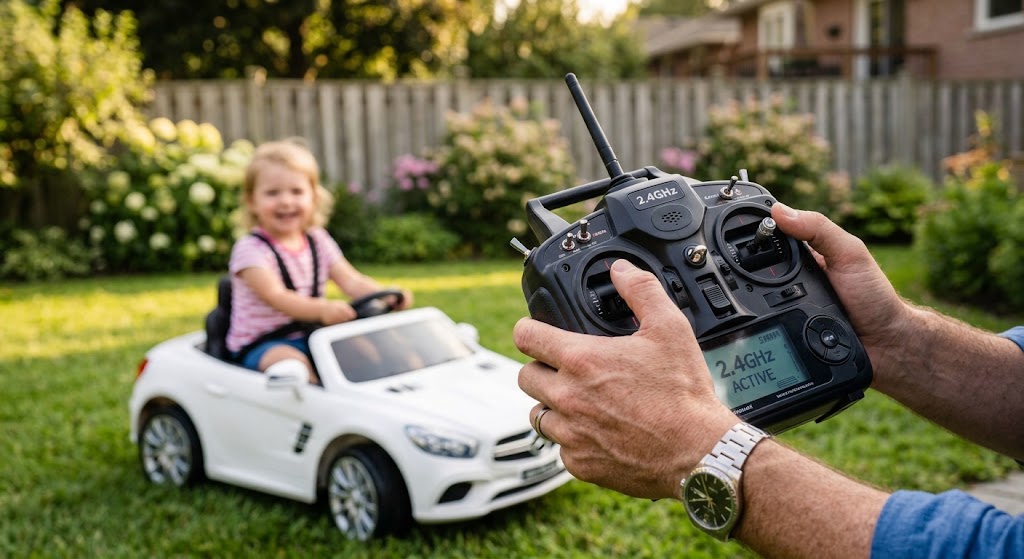 A parent using a wireless remote control for safety while operating the best licensed electric cars for kids.