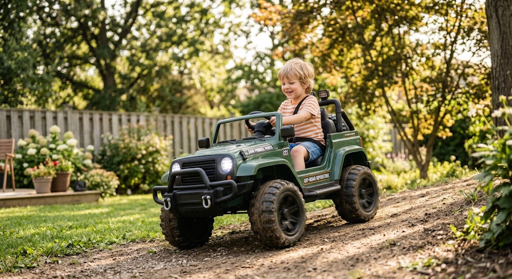 A child driving one of the best off-road ride-on trucks up a dirt hill in a backyard.
