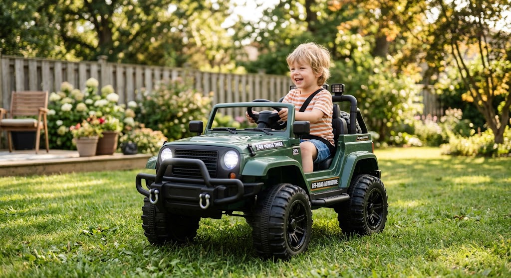 A happy child driving one of the best off-road ride-on trucks on a grass lawn in a sunny backyard.