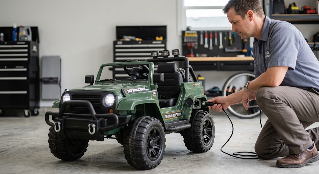 A parent plugging in a charger to maintain one of the best off-road ride-on trucks in a garage.