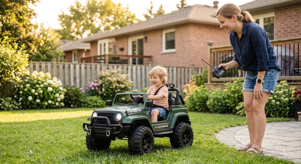 A parent using a remote control while a child sits inside one of the best off-road ride-on trucks equipped with a safety harness.