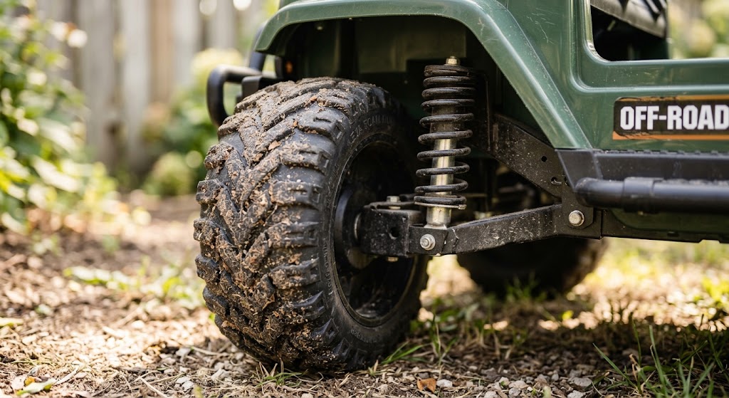 Close-up of treaded EVA rubber tires featured on the best off-road ride-on trucks for outdoor traction.