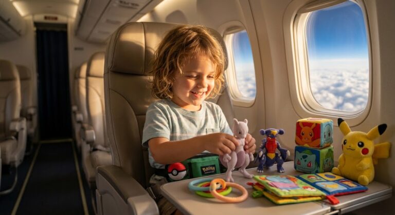 A happy toddler using the best travel toys for kids on an airplane tray table during a flight.