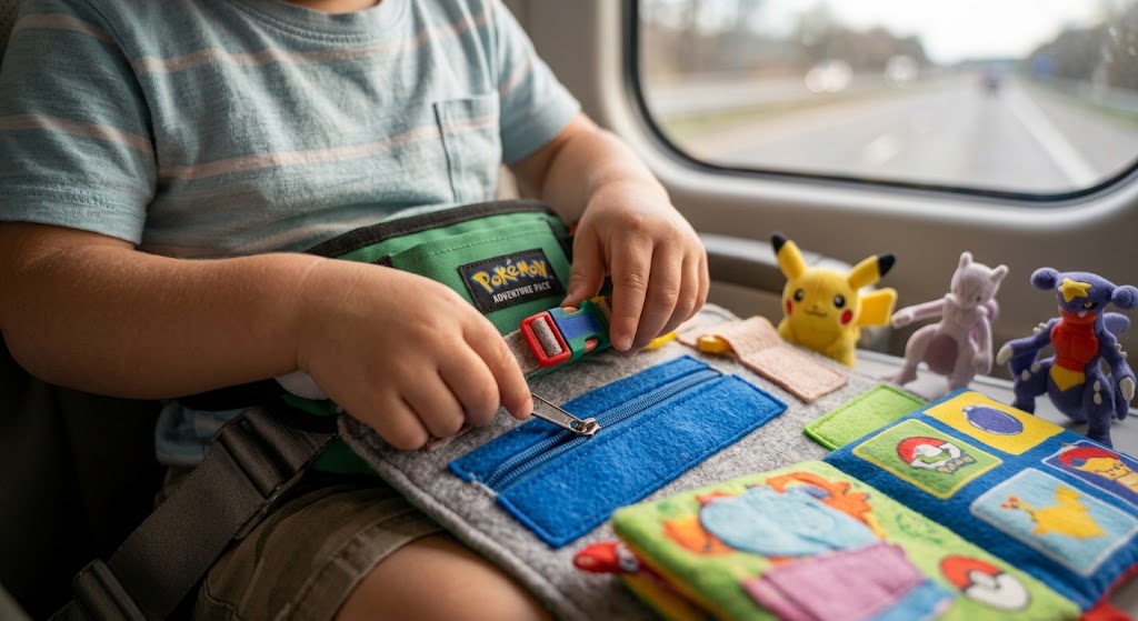 Toddler hands practicing fine motor skills with a busy board, showing the best travel toys for kids in action.