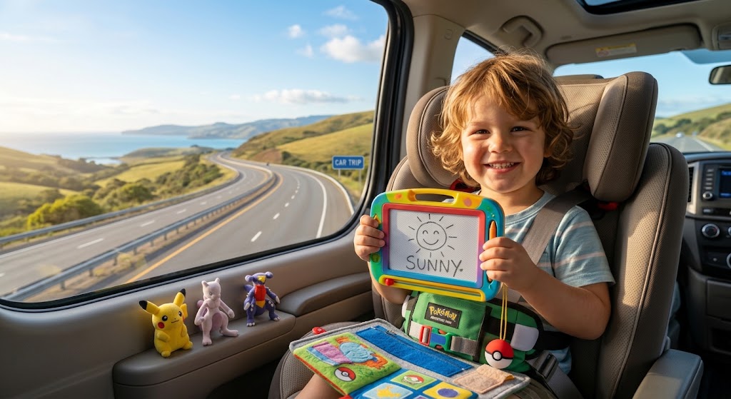 A child drawing in a car seat using a magnetic board as one of the best travel toys for kids.