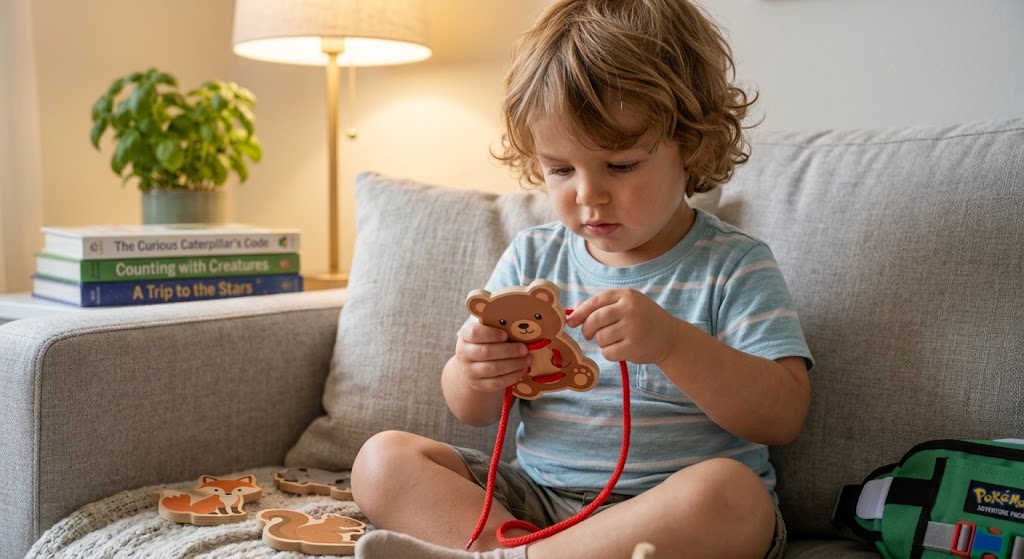 A child focusing on lacing cards as screen-free best travel toys for kids.