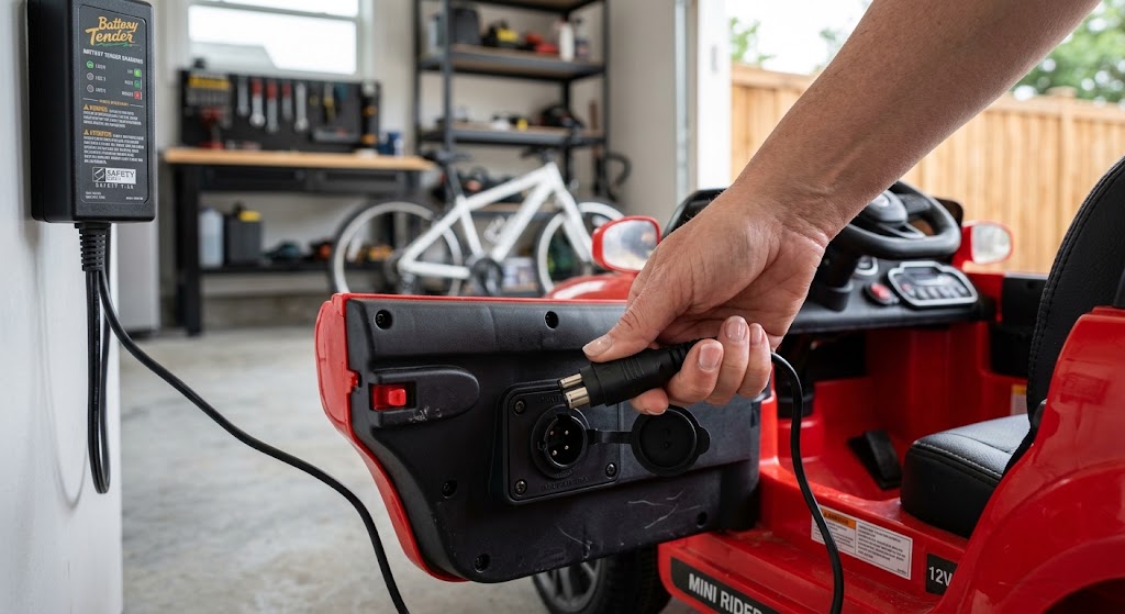 Parent plugging in the charging cable to the dashboard socket of a kids' electric car in a garage.