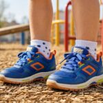 A child wearing durable kids shoes for school and playground standing on outdoor woodchips.
