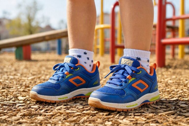 A child wearing durable kids shoes for school and playground standing on outdoor woodchips.