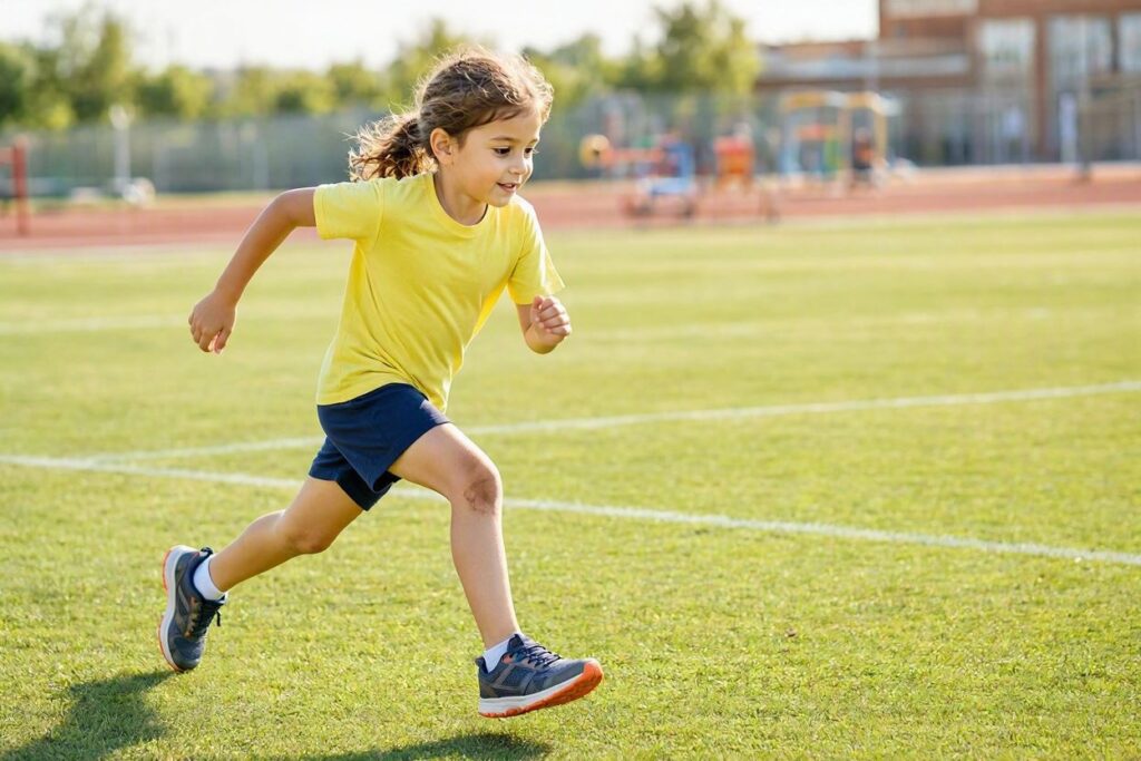 Child running fast in durable kids shoes for school and playground on a grass field.