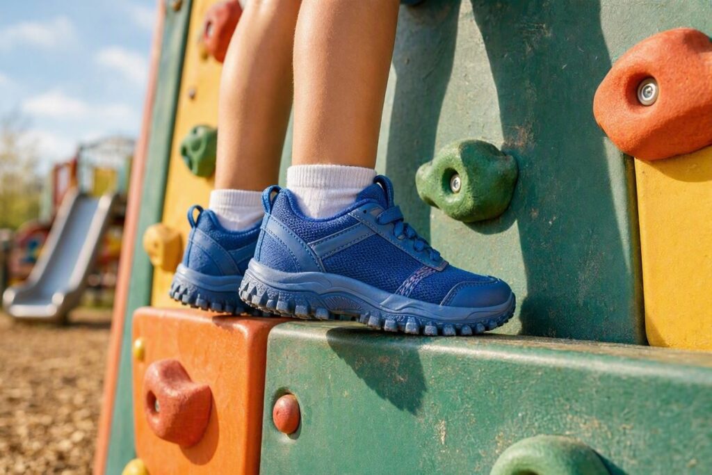 High-traction soles on durable kids shoes for school and playground gripping a climbing wall.