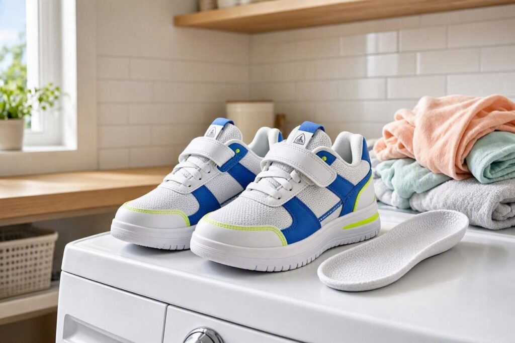 Freshly washed durable kids shoes for school and playground resting in a laundry room.