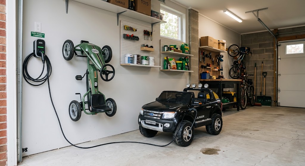 Storing pedal cars vs electric ride-on cars in a home garage space