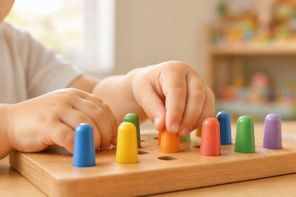 Small toddler hands placing pegs into interactive educational toys for toddlers to build fine motor skills.