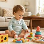 A happy toddler exploring interactive educational toys for toddlers on a living room rug.