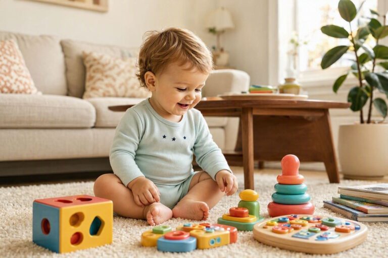 A happy toddler exploring interactive educational toys for toddlers on a living room rug.