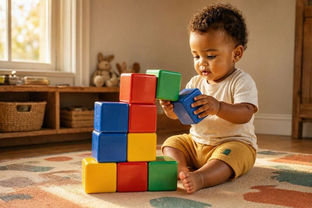 A toddler building structures using magnetic interactive educational toys for toddlers.