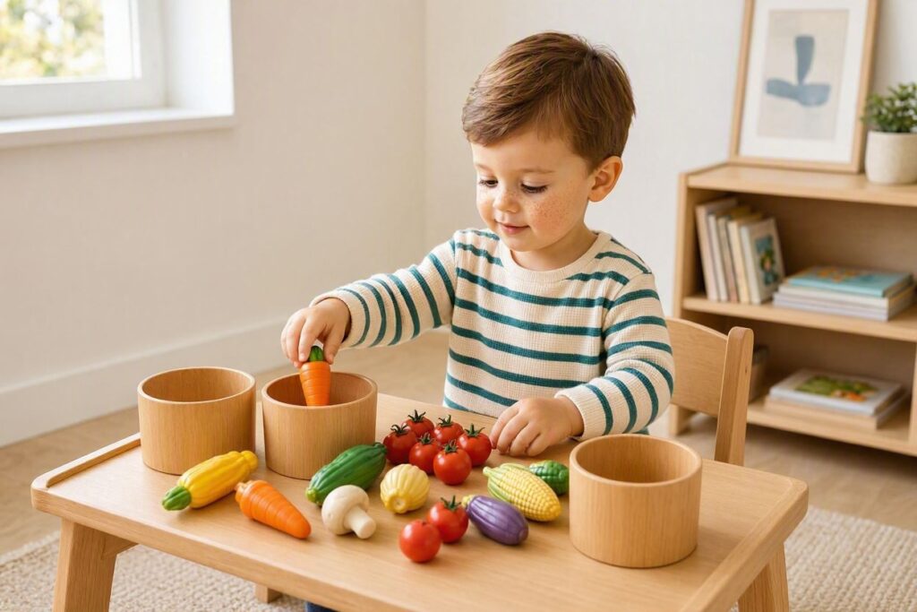 A child sorting toy produce into barrels using interactive educational toys for toddlers.