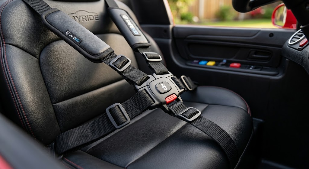 Close-up of a child's safety harness locked securely inside a 12V ride-on toy car.