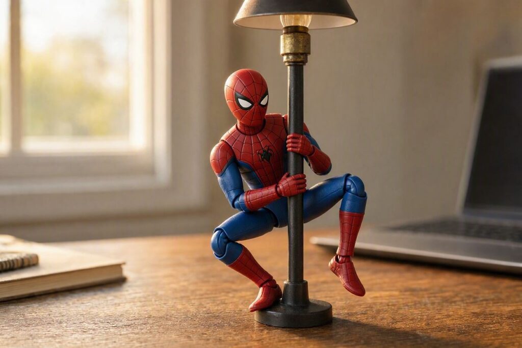 A flexible Spider-Man toy posed next to other Marvel superhero action figures for kids.