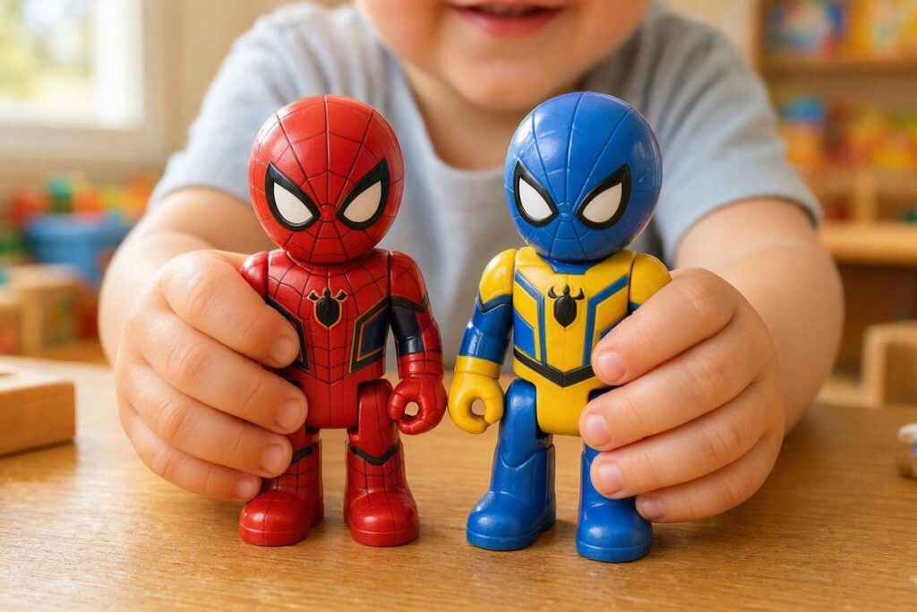 Preschooler hands attaching web accessories to Marvel superhero action figures for kids.