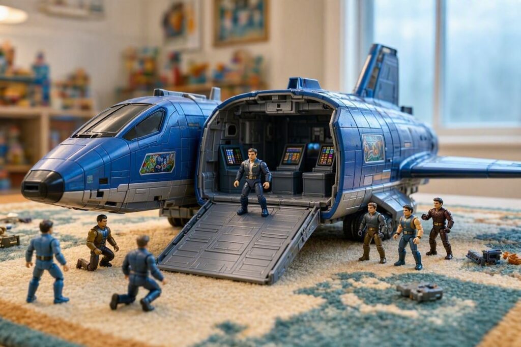 An open Avengers headquarters playset loaded with Marvel superhero action figures for kids.
