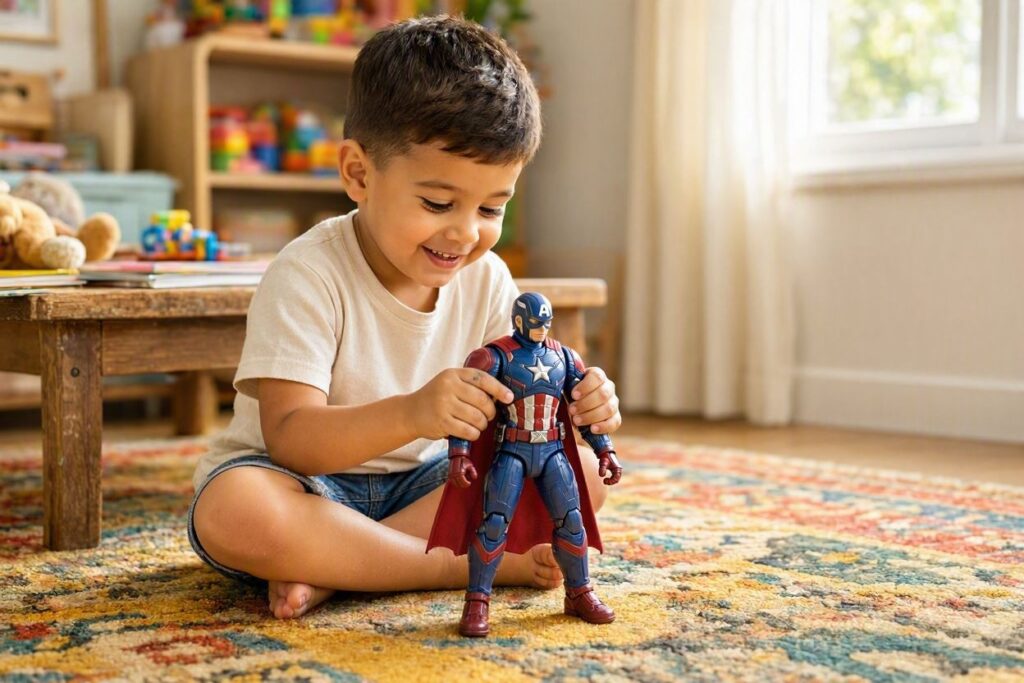 A child playing on a living room rug with Marvel superhero action figures for kids.