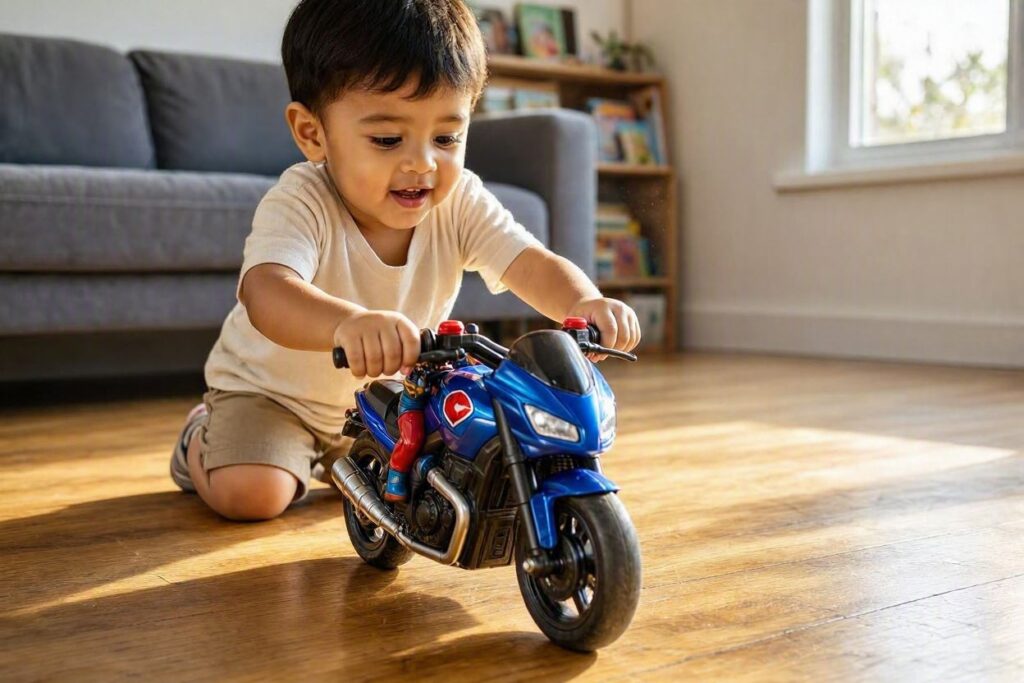 A child rolling a superhero motorcycle loaded with Marvel superhero action figures for kids.