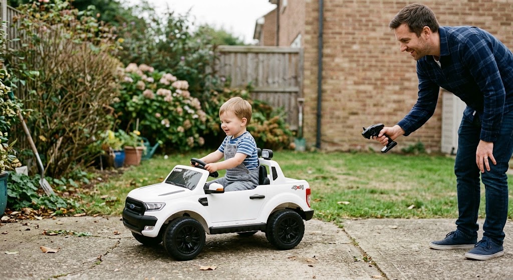 Parent using a safety remote control while evaluating pedal cars vs electric ride-on cars for young toddlers