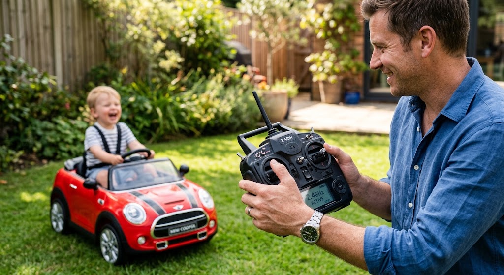 Parent using a handheld 2.4GHz remote control to guide a toddler driving a red electric ride-on car outdoors. best remote control ride-on cars