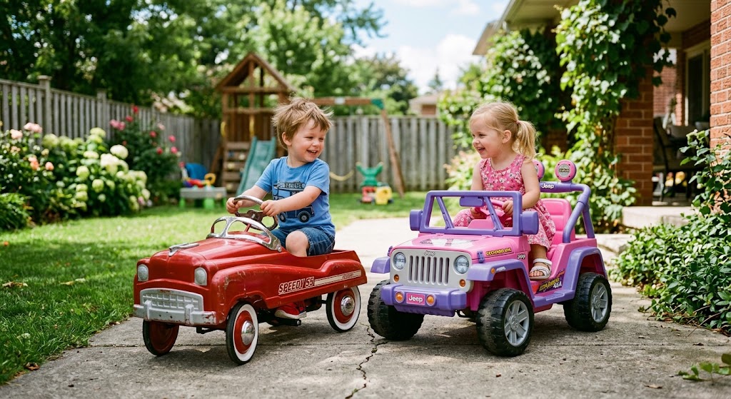 A toddler boy riding a red pedal car alongside a toddler girl in an electric vehicle during a pedal cars vs electric ride-on cars comparison