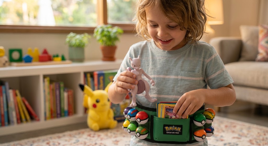 Children constructing a brick model with popular pokemon toys and trading card accessories on a table.
