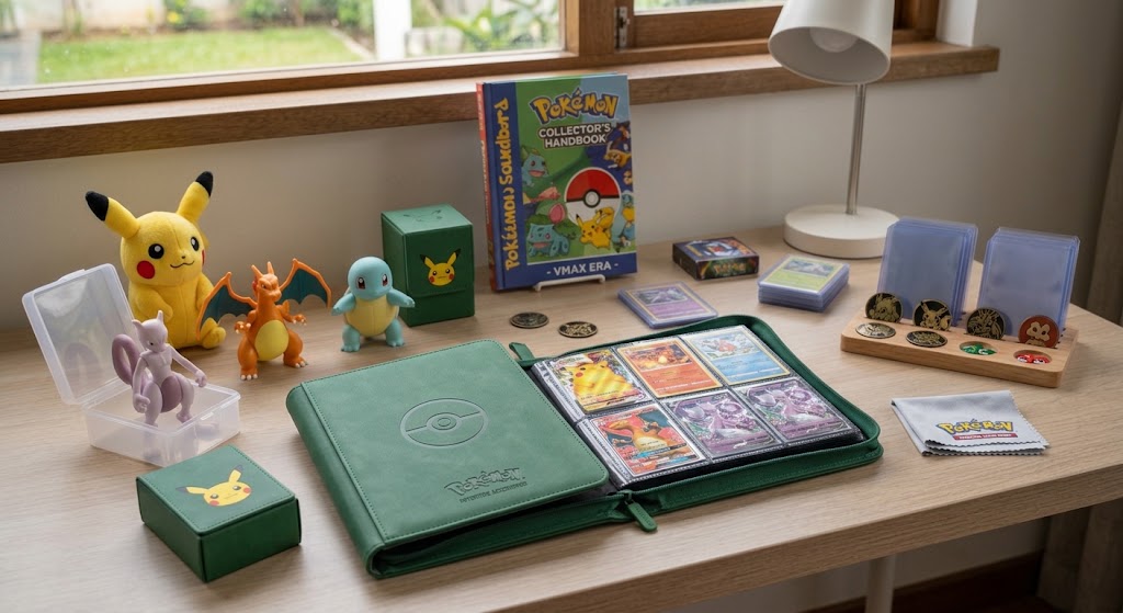 A child desk neatly arranged with popular pokemon toys and trading card accessories and card storage boxes.