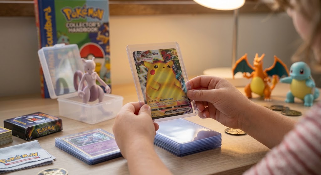 Hands slipping a card into a clear protective sleeve using popular pokemon toys and trading card accessories.