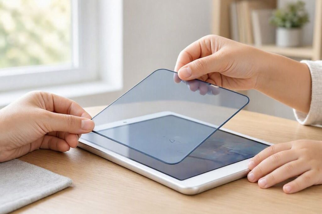 Installing a blue light glass guard alongside protective cases for kids tablets to guard against glare and drops.