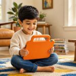 A child holding a tablet secured inside protective cases for kids tablets on a living room rug.