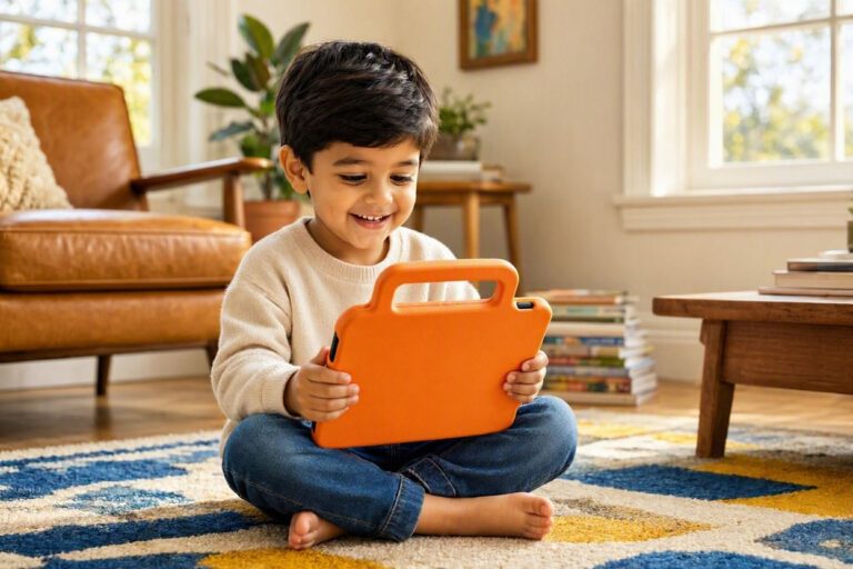 A child holding a tablet secured inside protective cases for kids tablets on a living room rug.