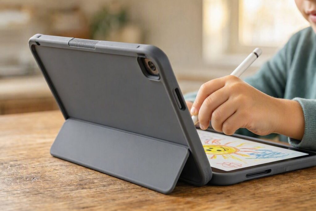 A tablet equipped with protective cases for kids tablets resting on a kickstand on a play table.