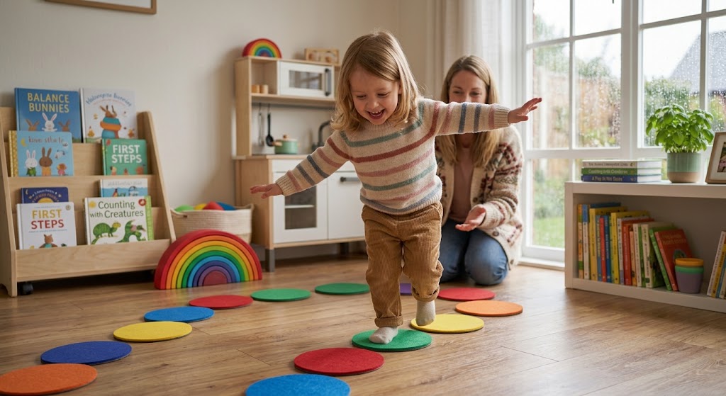 Toddler balancing on colorful stepping stones, showing active rainy day activity toys for kids in motion.